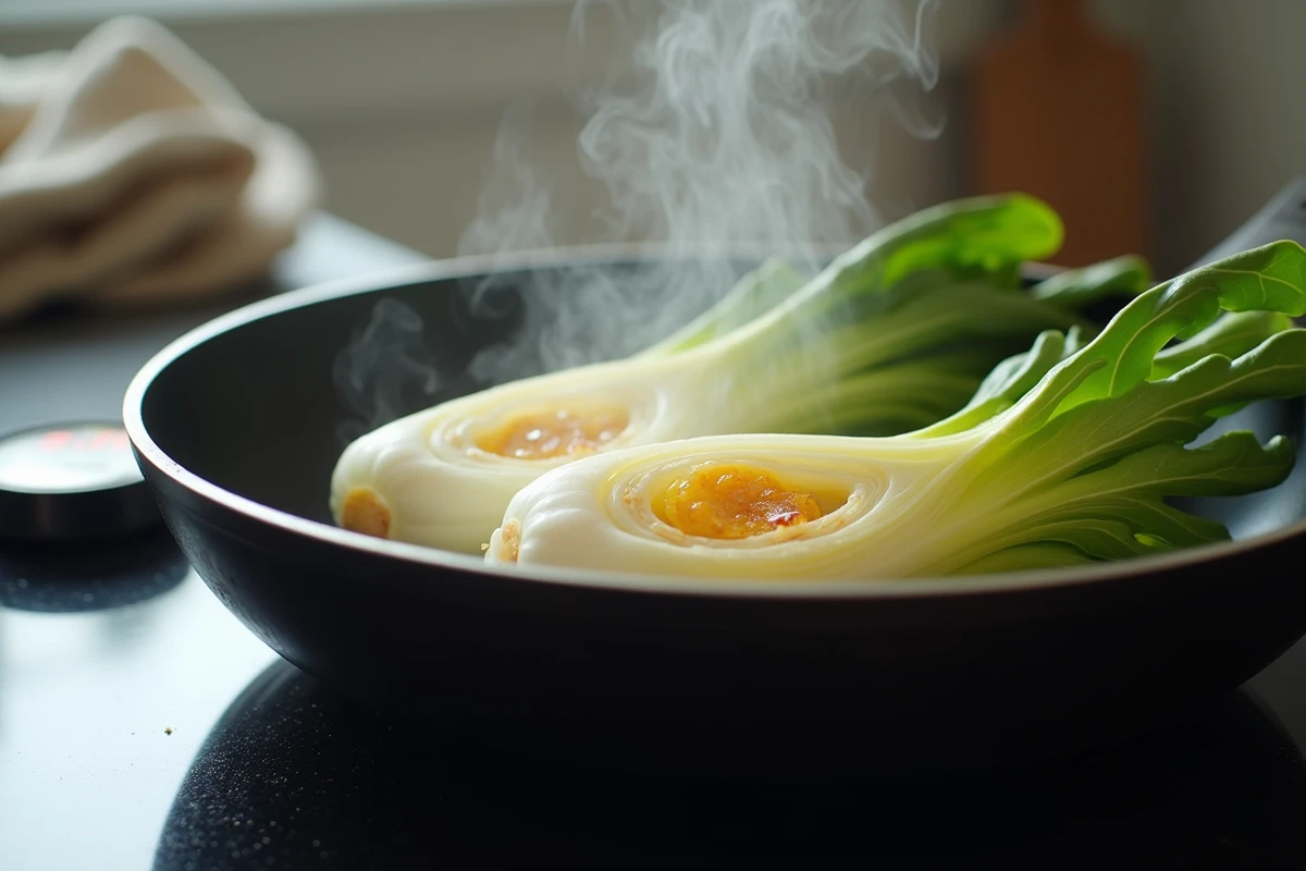 Gros plan d'endives coupées en deux en train de cuire à la vapeur sous un couvercle en verre dans une poêle antiadhésive avec de la vapeur visible