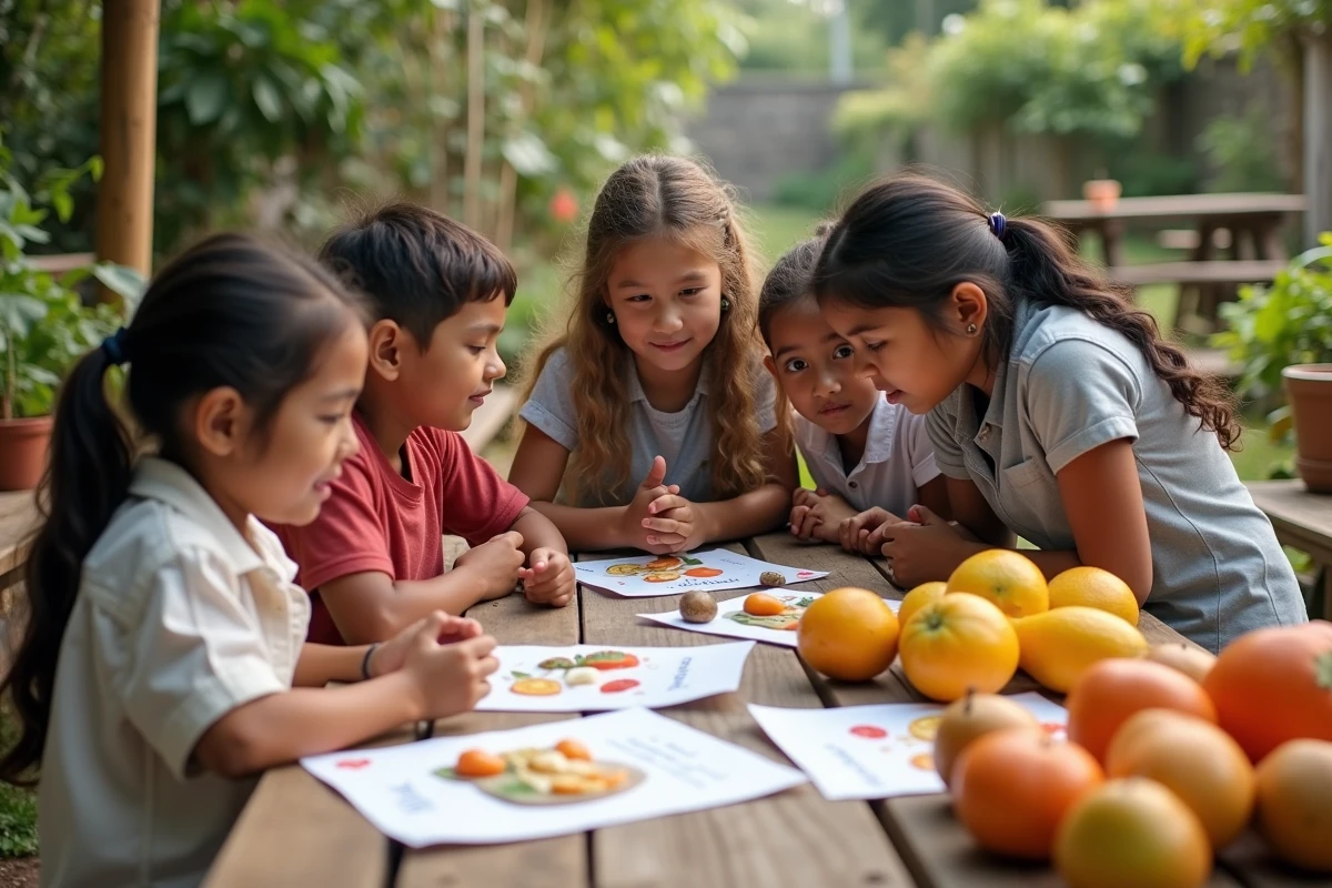 Enfants dans un jardin éducatif découvrant des fruits