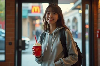 Étudiante tenant un McFlurry McDonald's à la sortie d'un restaurant, illustrant les tarifs étudiants 2026