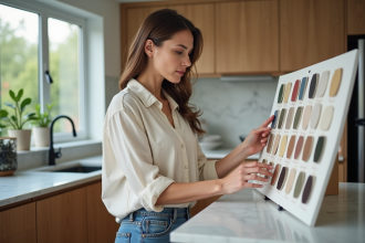 Femme examine echantillons de couleur dans cuisine moderne