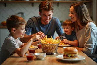 Famille partageant des portions de frites autour d'une table en bois lors d'un repas décontracté à la maison