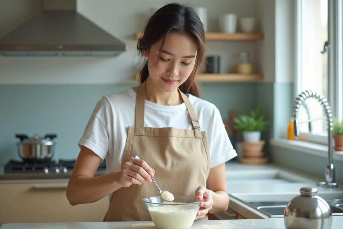 Jeune femme mesurant de la farine de grillons dans un bol en verre dans une cuisine moderne