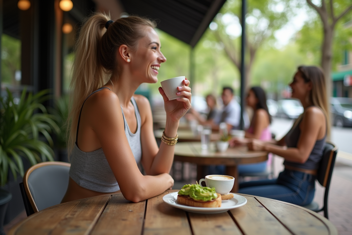 Jeune femme australienne riant avec des amis au café en plein air
