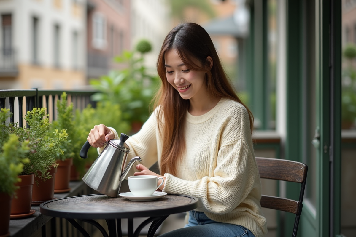 Jeune femme versant du café sur un balcon urbain verdoyant