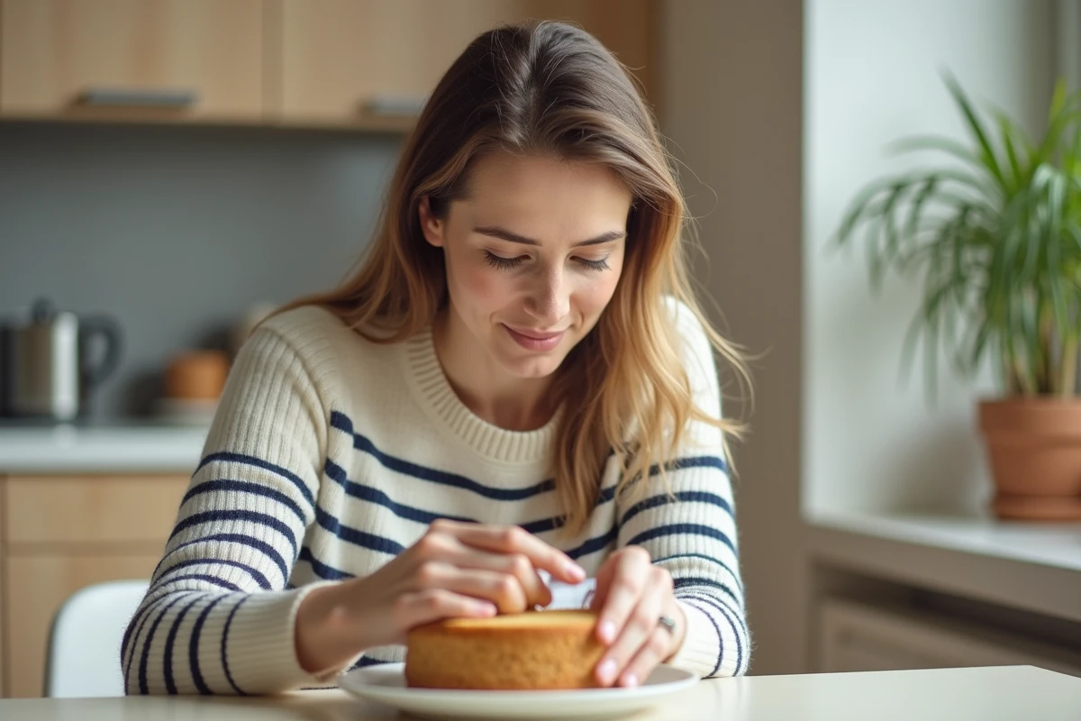 Femme examine un gâteau faible calorie dans une cuisine moderne