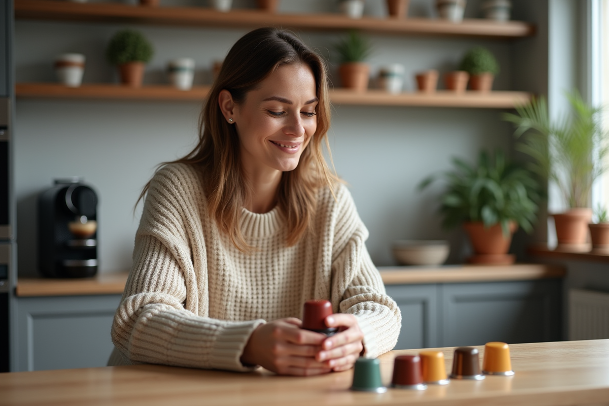 Femme examinant capsules de café dans une cuisine chaleureuse