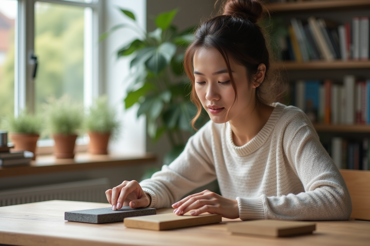 Jeune femme compare trois pierres d affutage sur une table en bois