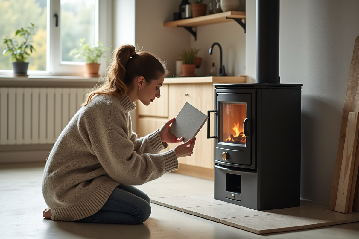 Jeune femme comparant des carreaux de céramique et de pierre dans une cuisine moderne