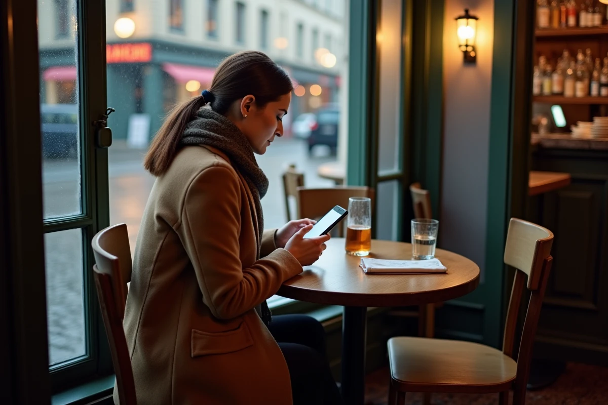 Femme consultant les critères de sélection d'un restaurant étoilé sur smartphone avant de réserver à Lille