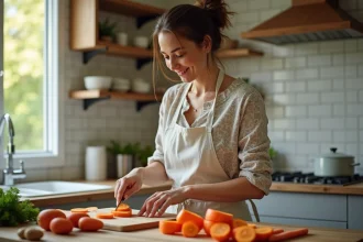 Femme en tablier coupant des carottes dans une cuisine chaleureuse