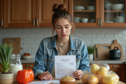 Jeune femme examine un reçu de courses dans la cuisine