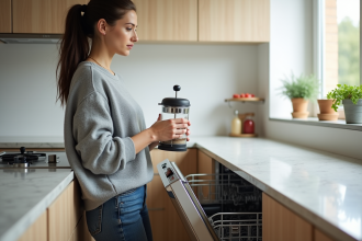 Femme dans la cuisine avec presse à café et lave-vaisselle