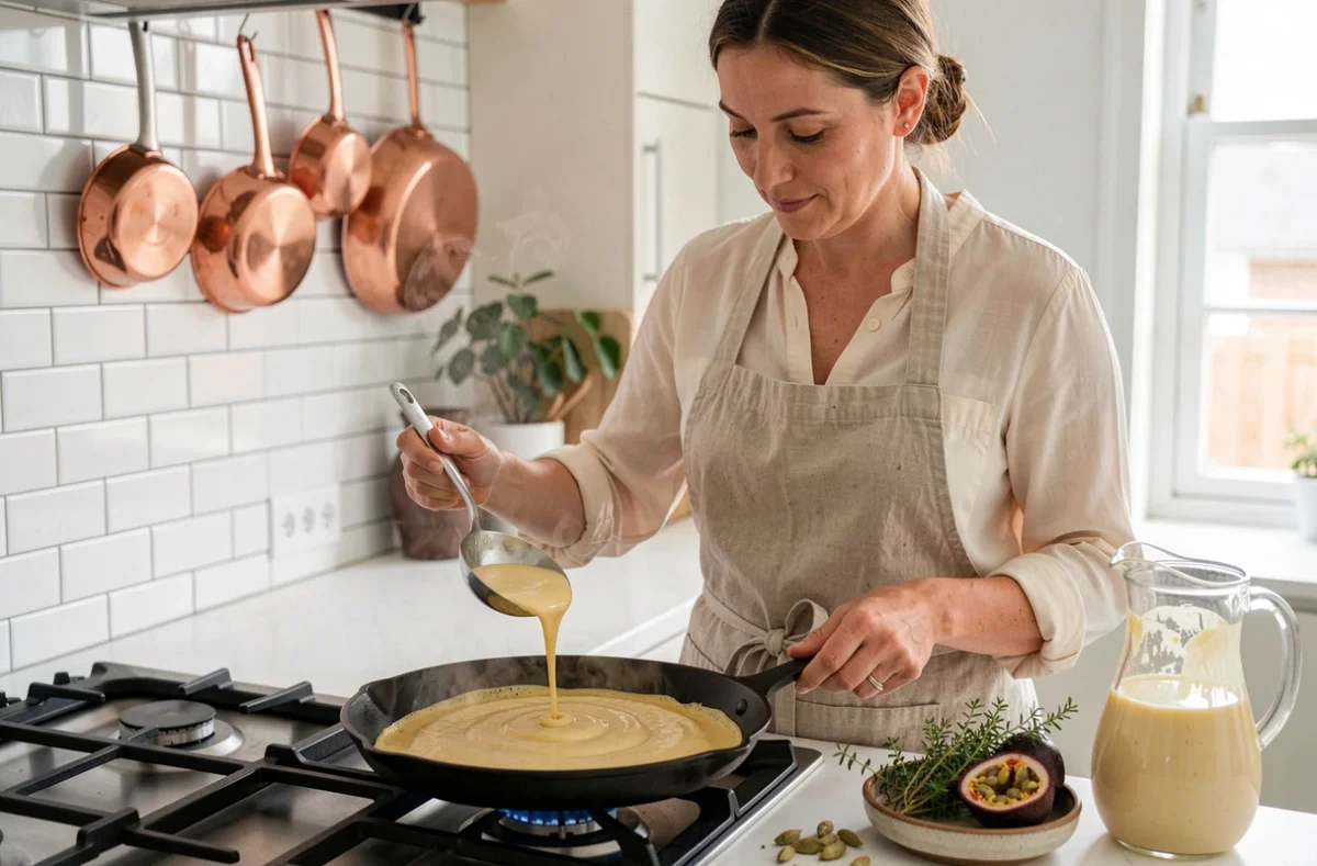 Femme versant de la pâte à crêpe parfumée dans une poêle en fonte avec des épices exotiques comme la cardamome et le fruit de la passion