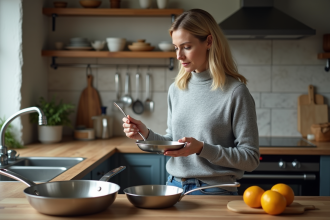 Femme examinant une poêle en cuisine moderne