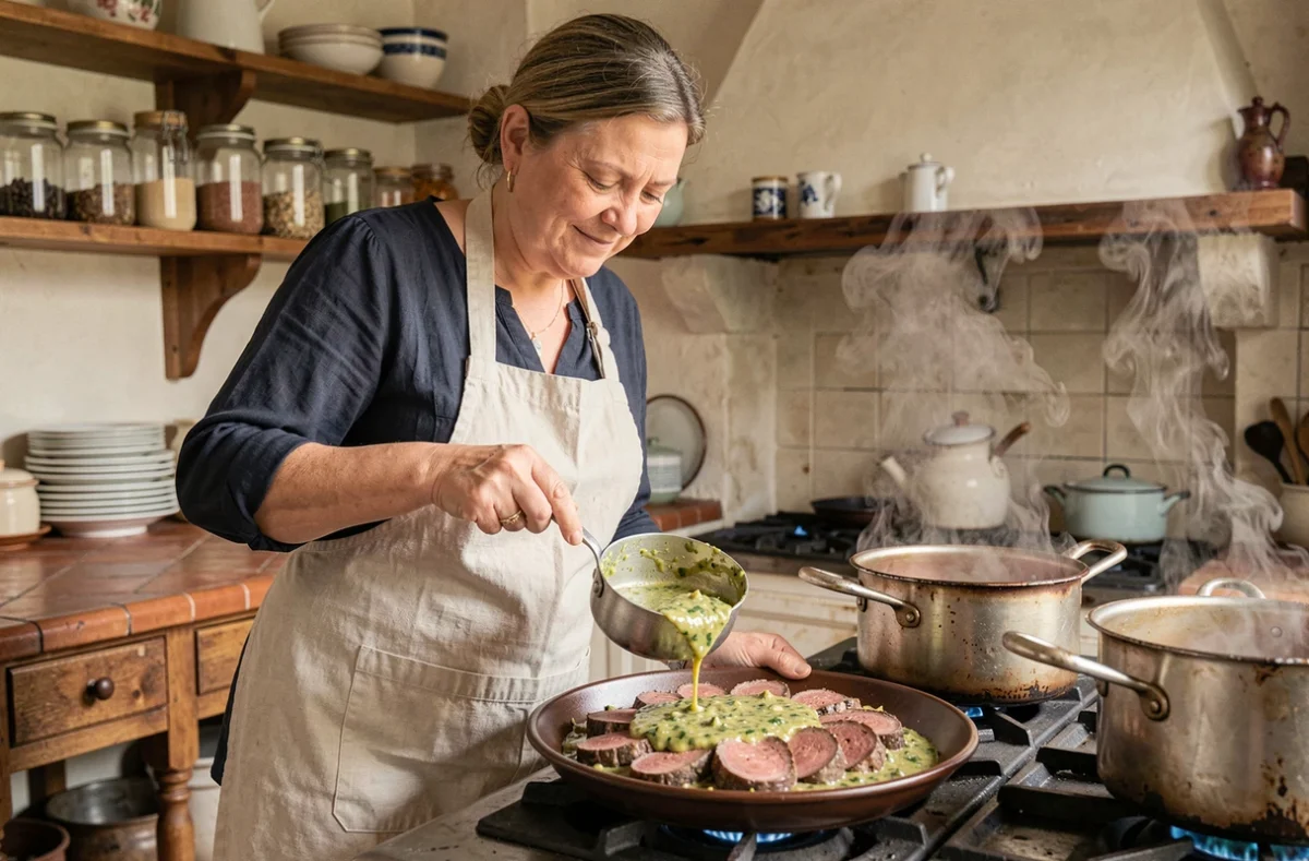 Femme en tablier de lin nappant une langue de bœuf tranchée avec une sauce gribiche maison dans une cuisine provençale traditionnelle