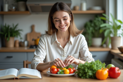 Femme arrangeant des légumes frais dans une cuisine moderne