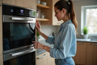 Femme dans la cuisine regardant le panneau de l’oven