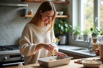 Femme souriante versant pâte d'avoine dans un moule en cuisine