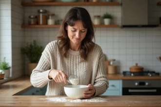 Femme versant de la farine dans un bol en cuisine chaleureuse