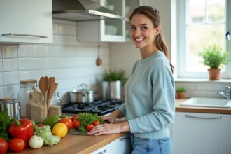 Femme souriante préparant une salade colorée dans la cuisine