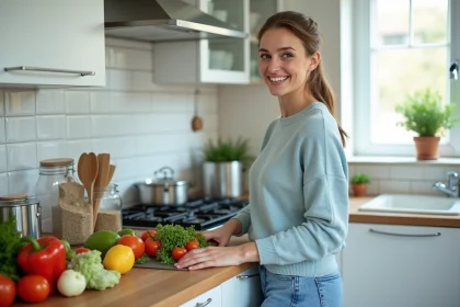 Femme souriante préparant une salade colorée dans la cuisine