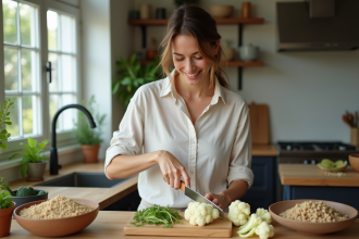Femme en cuisine coupant du chou-fleur frais