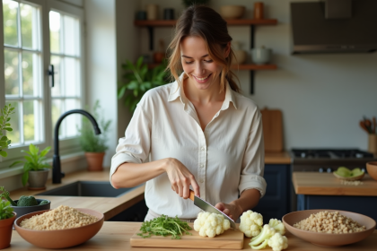 Femme en cuisine coupant du chou-fleur frais