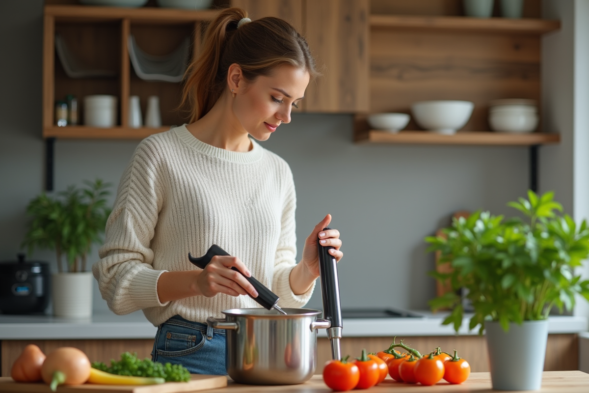 Femme préparant une soupe de légumes dans une cuisine moderne