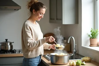 Femme en cuisine vapeur de chou-fleur frais