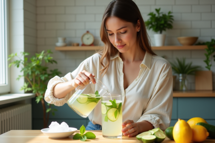 Jeune femme versant eau infusée citron et concombre dans un pichet