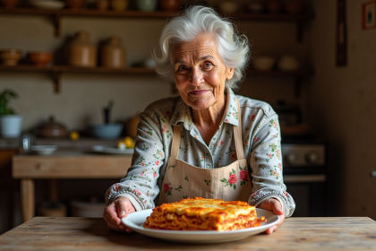 Femme italienne âgée servant une lasagne maison dans une cuisine rustique