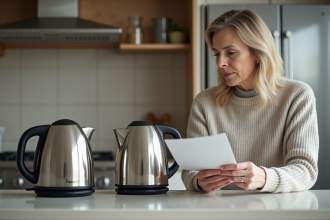 Femme examinant deux bouilloires électriques modernes dans la cuisine