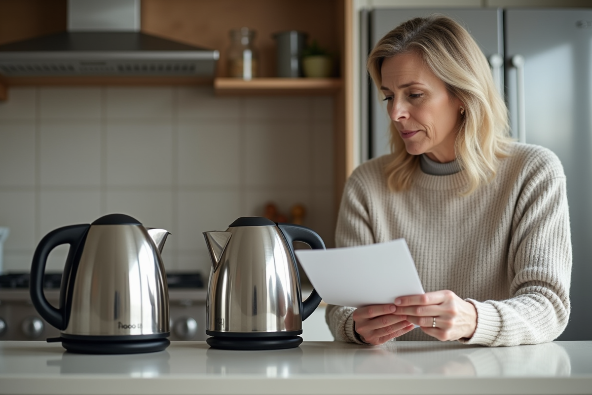 Femme examinant deux bouilloires électriques modernes dans la cuisine