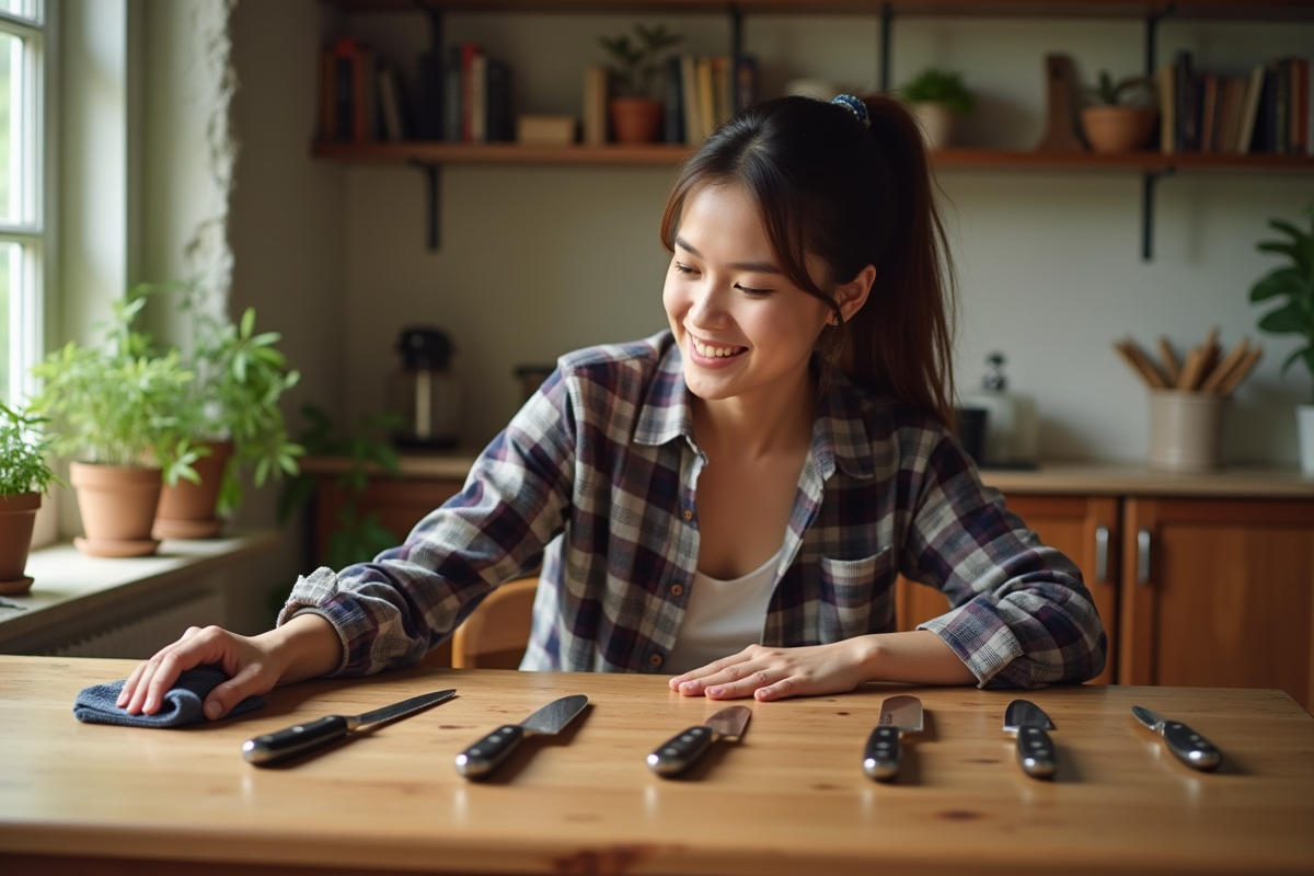 Jeune femme nettoyant des couteaux de cuisine sur une table en bois