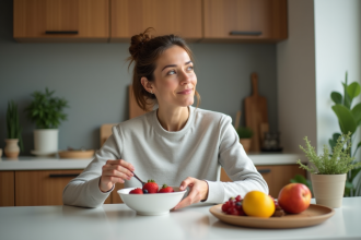 Femme en tenue casual préparant un bol de fruits et flocons d'avoine