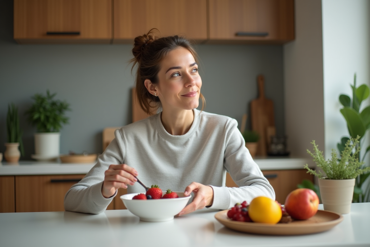 Femme en tenue casual préparant un bol de fruits et flocons d'avoine