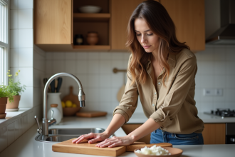 Femme nettoyant une planche en bois dans une cuisine chaleureuse