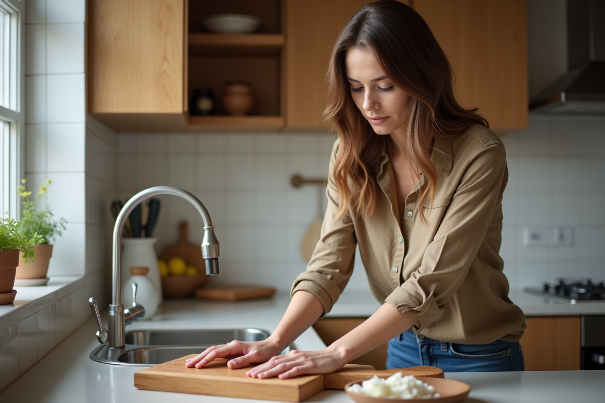 Femme nettoyant une planche en bois dans une cuisine chaleureuse