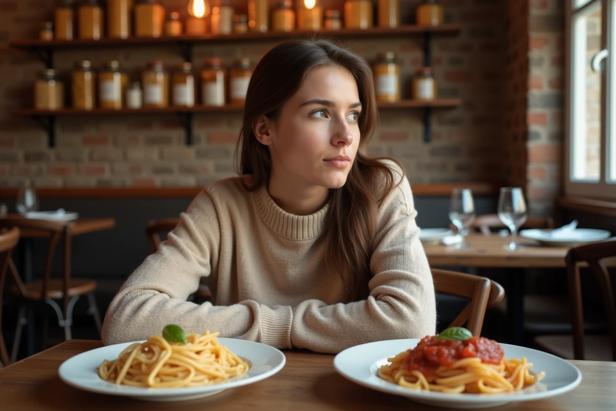 Jeune femme contemplant deux assiettes de pasta dans un restaurant italien