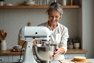 Femme en tablier blanc utilisant un robot pâtissier dans une cuisine chaleureuse