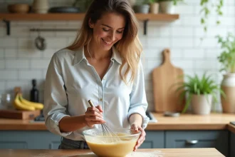 Femme en cuisine préparant une pâte à banana bread