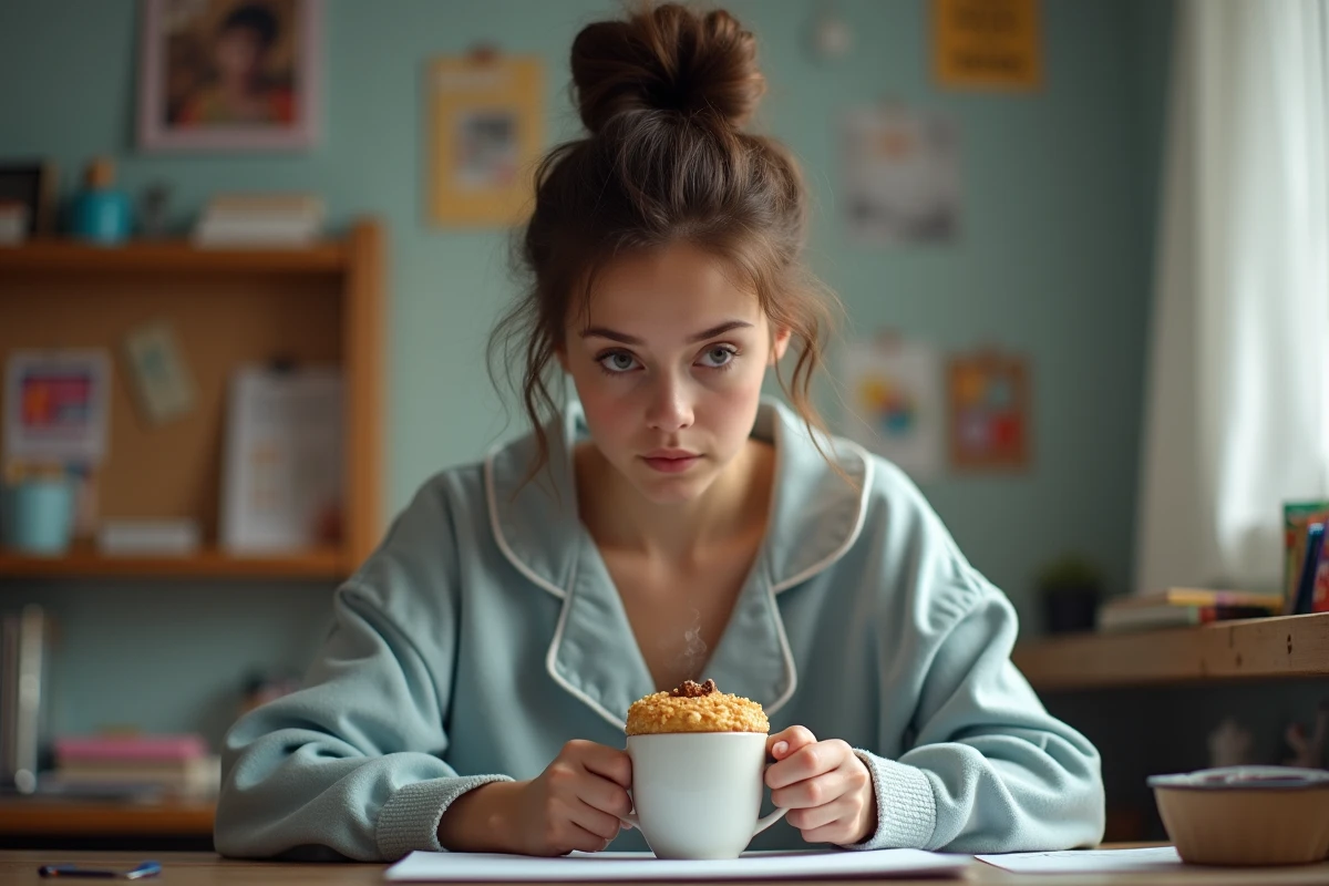 Femme en pyjama tenant un mugcake dans son bureau détendu