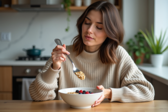 Femme mangeant un bol de flocons avec fruits dans une cuisine chaleureuse