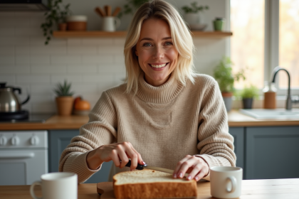 Femme souriante préparant son petit déjeuner dans une cuisine moderne