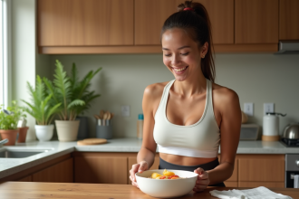 Femme souriante préparant un bol de porridge dans une cuisine lumineuse
