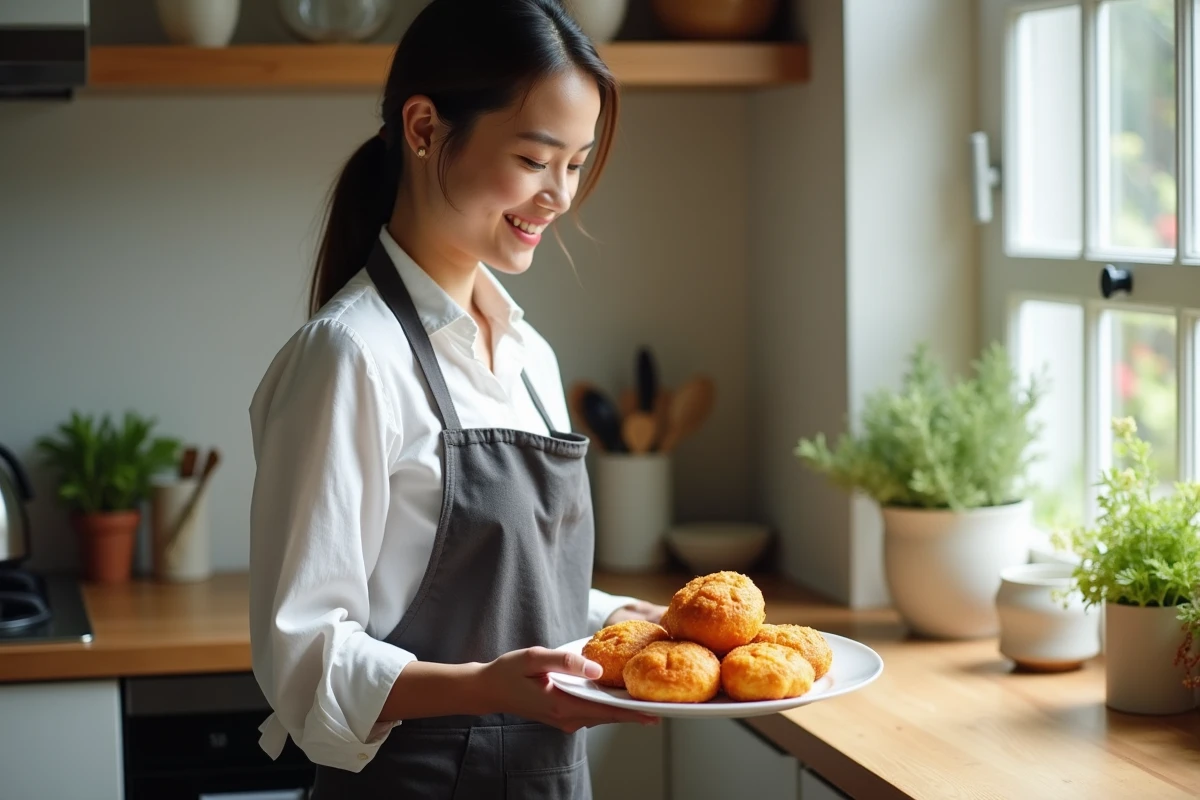Jeune femme souriante tenant une assiette de tempura d'aubergine dans une cuisine lumineuse