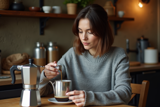 Femme versant espresso dans une tasse en porcelaine dans une cuisine chaleureuse