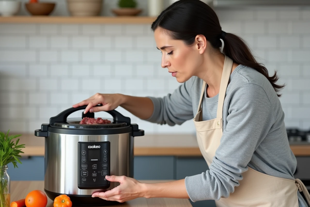 Femme française préparant un boeuf carotte dans une cocotte Cookeo dans une cuisine moderne, appuyant sur le panneau de commande numérique