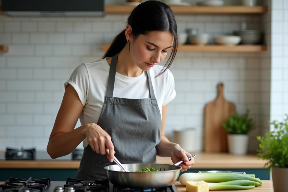 Femme préparant une fondue de poireaux express dans une poêle sur une cuisinière à gaz moderne