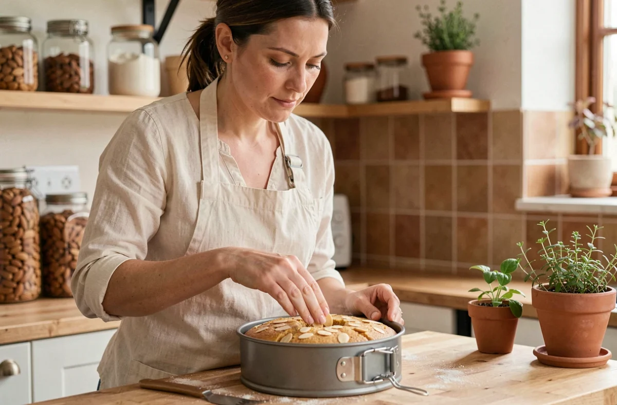 Femme préparant un gâteau aux amandes sans gluten dans une cuisine chaleureuse avec tablier en lin
